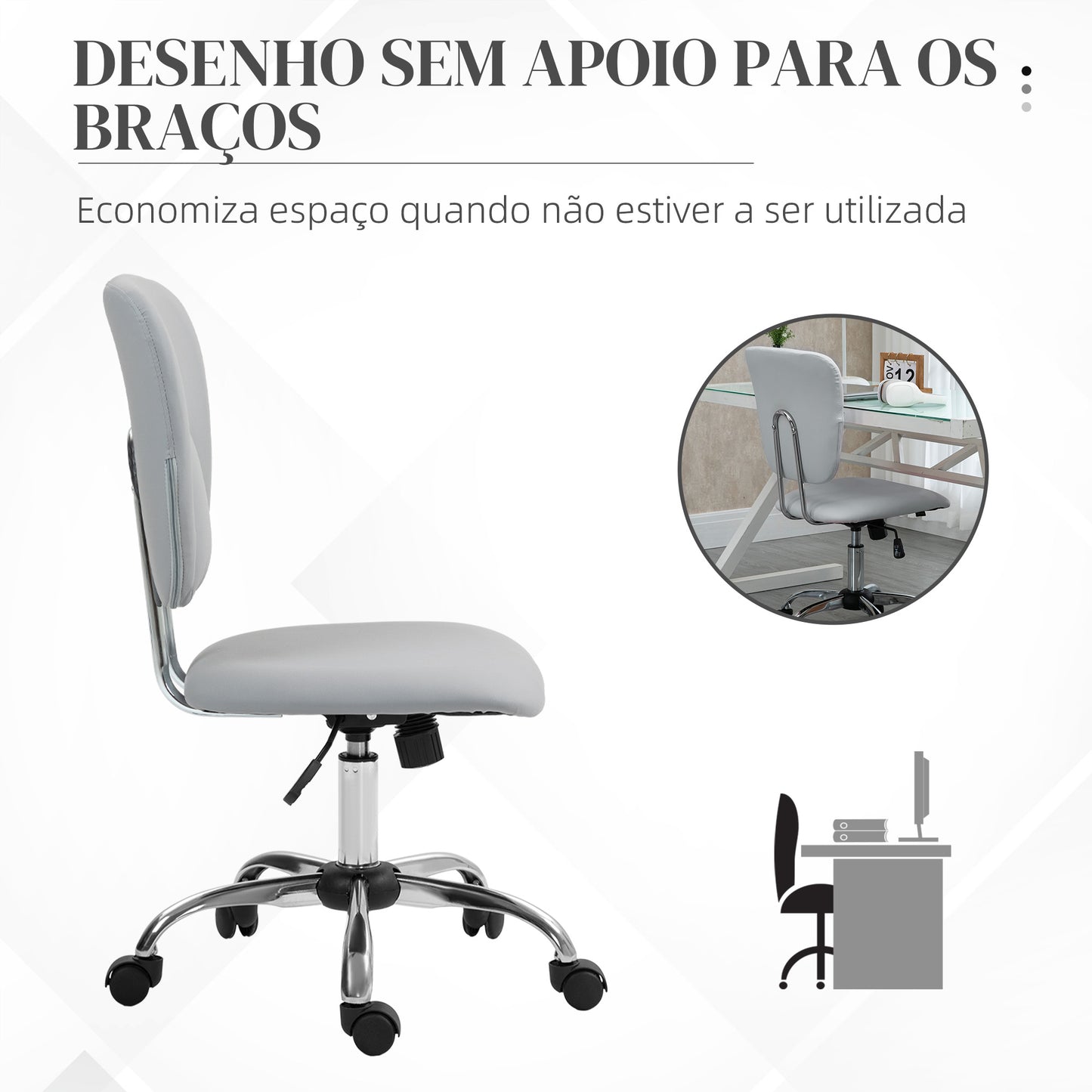 Vinsetto Cadeira de Escritório Cadeira de Escritório Giratória de Couro PU com Altura Ajustável e Função Basculante para Estúdio Dormitório Carga Máxima 120 kg 50x54x87,5-96,5 cm Cinza Claro