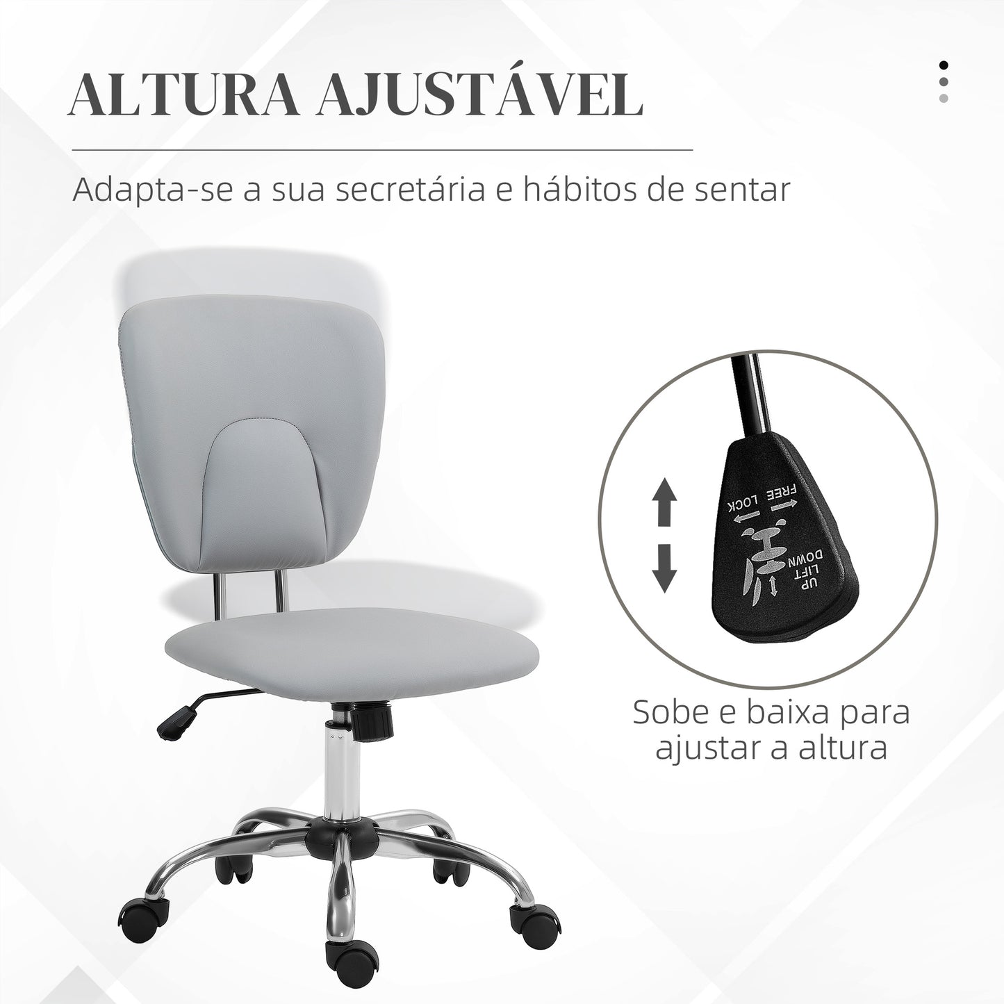 Vinsetto Cadeira de Escritório Cadeira de Escritório Giratória de Couro PU com Altura Ajustável e Função Basculante para Estúdio Dormitório Carga Máxima 120 kg 50x54x87,5-96,5 cm Cinza Claro