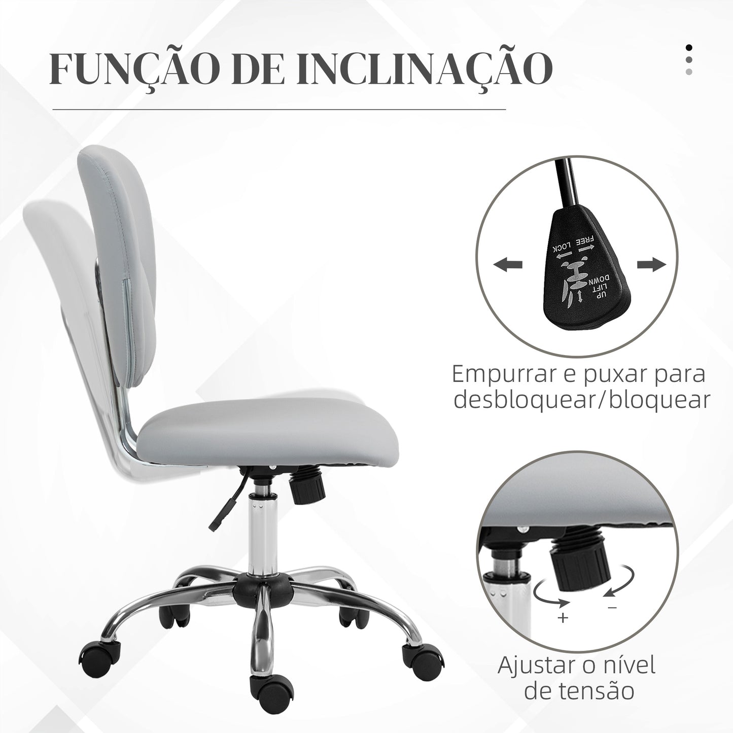 Vinsetto Cadeira de Escritório Cadeira de Escritório Giratória de Couro PU com Altura Ajustável e Função Basculante para Estúdio Dormitório Carga Máxima 120 kg 50x54x87,5-96,5 cm Cinza Claro