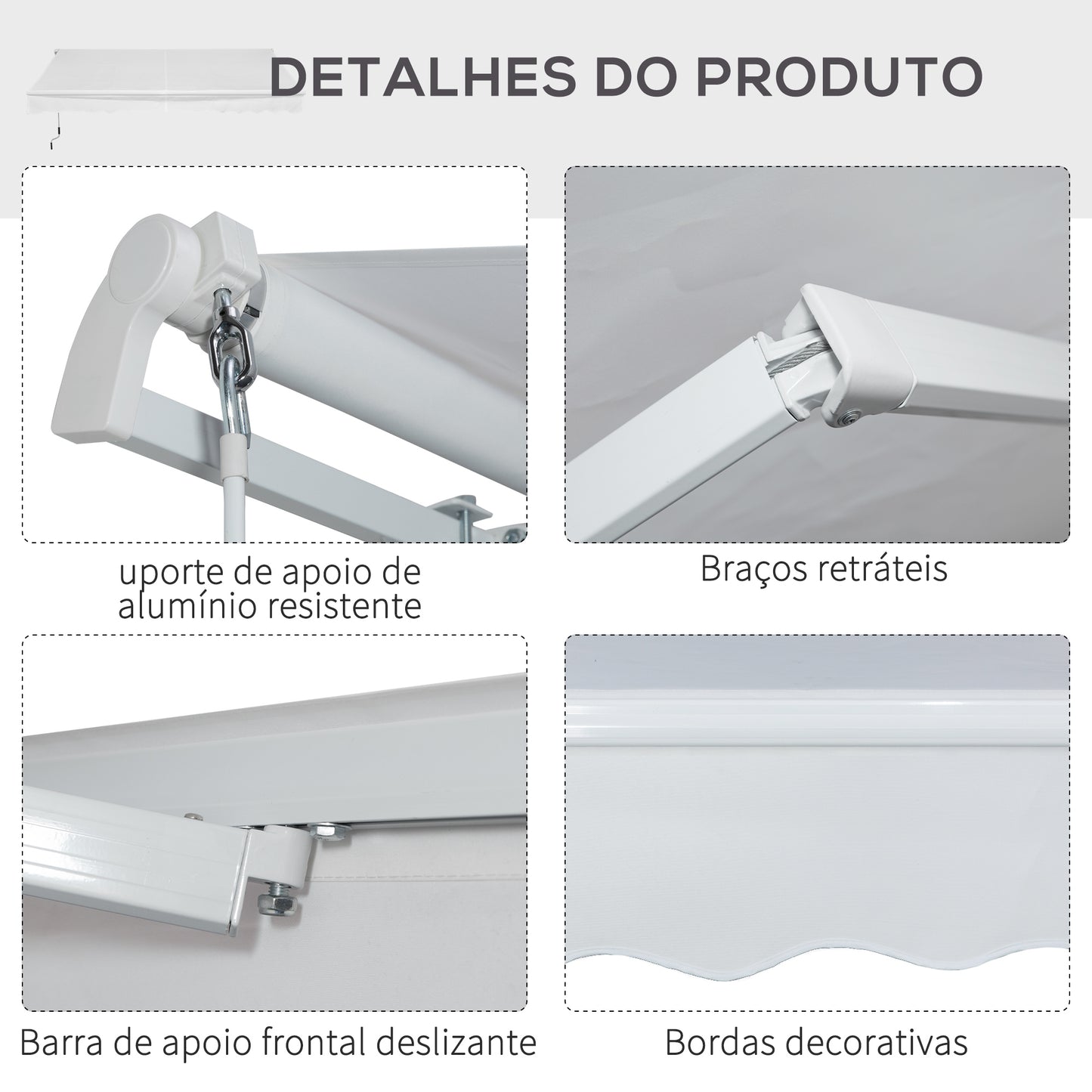 Outsunny Toldo Manual 3,5x2,5 m de Alumínio Toldo de Varanda Pátio com Manivela Resistente a Água Proteção Solar UV para Jardim Exterior Branco