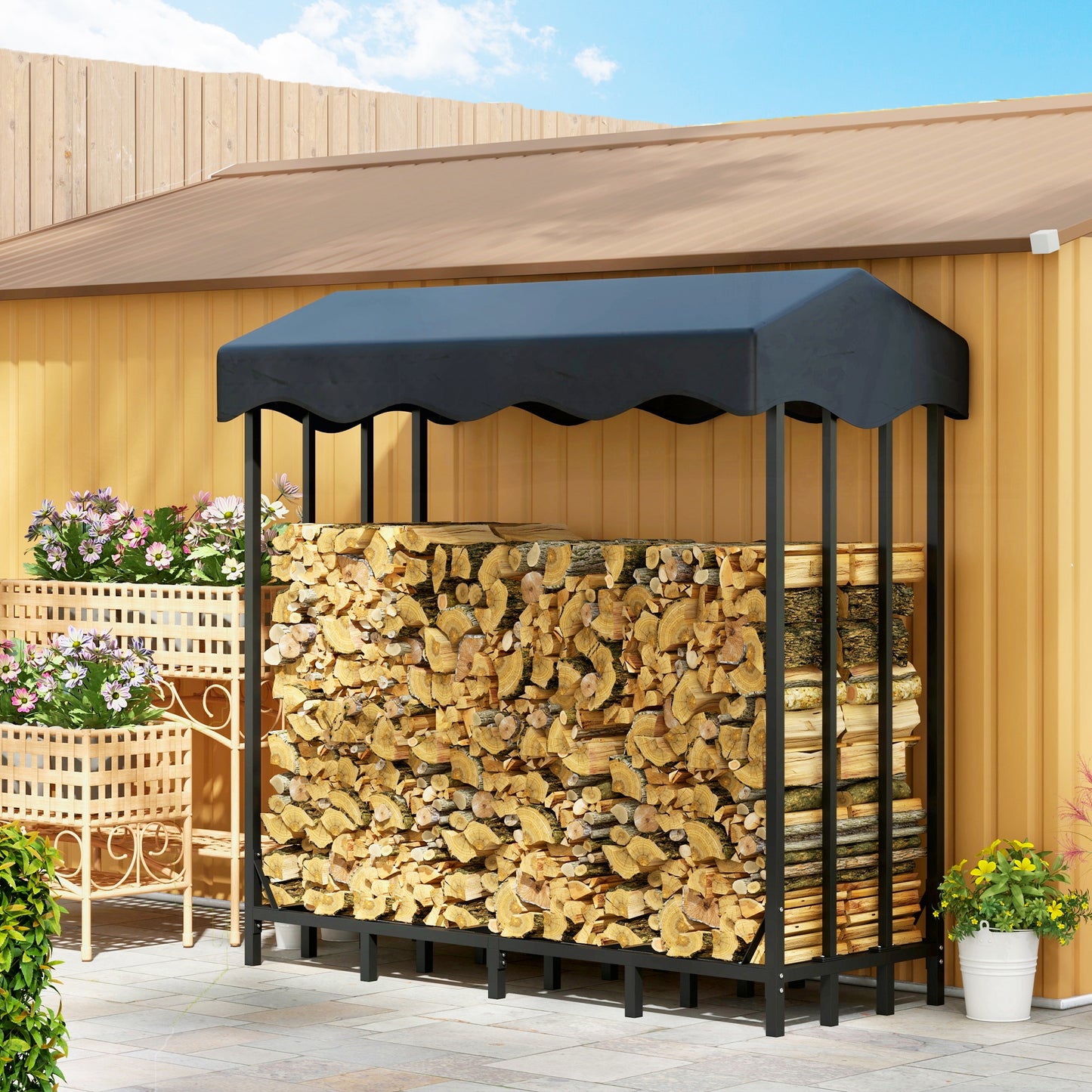 Outsunny Suporte para Lenha com Cobertura Estante para Lenha de Metal com Estrutura Reforçada e Anéis de Bloqueio Carga 1200 kg para Interior e Exterior 143x70x145 cm Preto