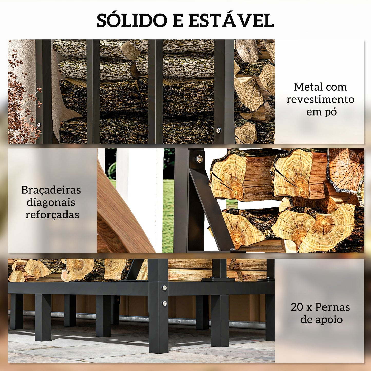 Outsunny Suporte para Lenha com Cobertura Estante para Lenha de Metal com Estrutura Reforçada e Anéis de Bloqueio Carga 1200 kg para Interior e Exterior 143x70x145 cm Preto