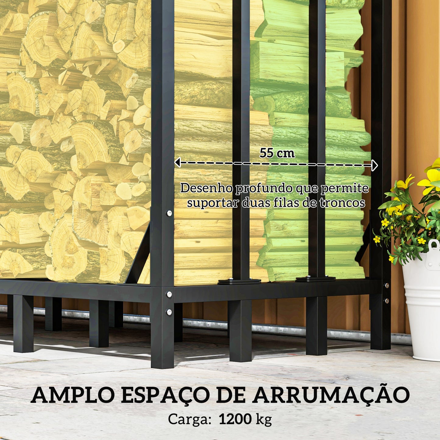 Outsunny Suporte para Lenha com Cobertura Estante para Lenha de Metal com Estrutura Reforçada e Anéis de Bloqueio Carga 1200 kg para Interior e Exterior 143x70x145 cm Preto