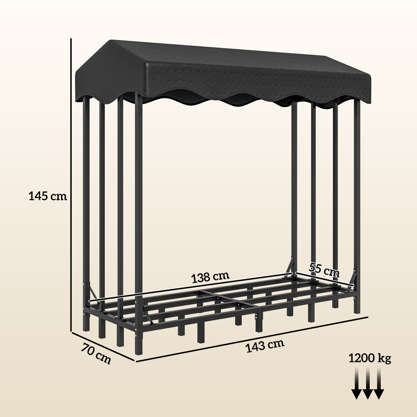 Outsunny Suporte para Lenha com Cobertura Estante para Lenha de Metal com Estrutura Reforçada e Anéis de Bloqueio Carga 1200 kg para Interior e Exterior 143x70x145 cm Preto