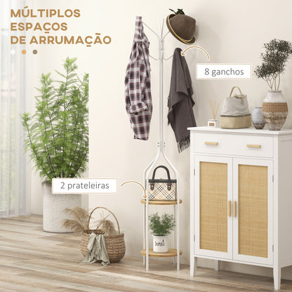 HOMCOM Cabide de Pé com 2 Prateleiras Cabide de Pé para Roupa de Metal com 8 Ganchos para Pendurar Bolsas em Forma de Árvore para Corredor Entrada Dormitório Ø34x181 cm Branco