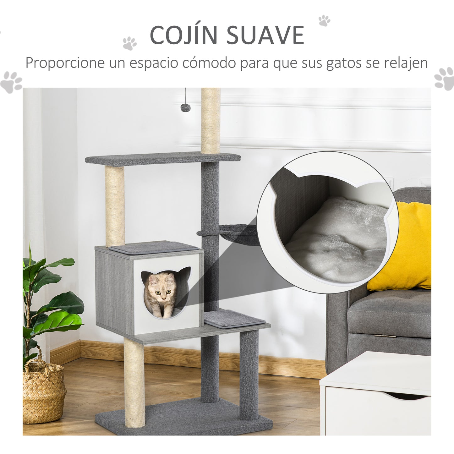 PawHut Árvore Arranhador para Gatos Grande 61x49x160,5cm Torre de Escalada de Múltiplos Níveis com Caverna Espaçosa Rede Postes e Brinquedo Suspenso Estofamento Suave Cinza