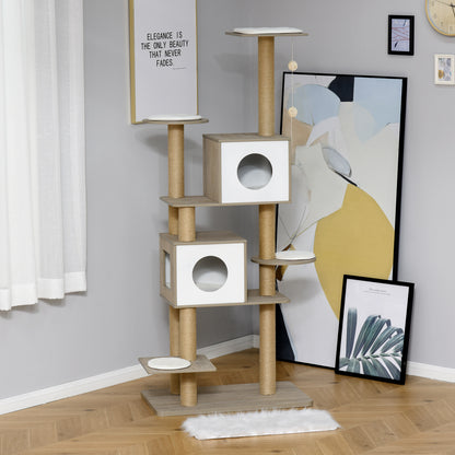 PawHut Árvore Arranhador Árvore de escalada para gatos Altura de 177 cm com Plataformas Cavernas Almofada macia brinquedo de suspensão Postes de juta Branco e cinza claro