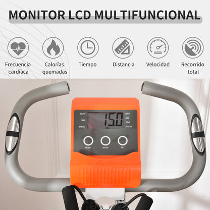 HOMCOM Bicicleta Estática Dobrável com Altura e Resistência Ajustáveis com Tela LCD e Assento com Encosto 51x97x115cm Laranja