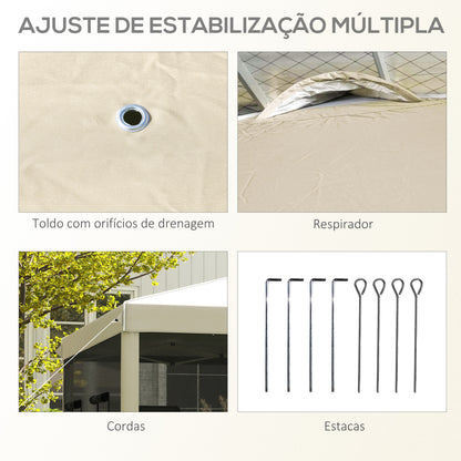 Outsunny Tenda Dobrável 3x3 m Tenda de Jardim com Parede Lateral de Malha 6 Janelas Altura Ajustável em 3 Níveis Proteção UV30+ e Impermeável para Campismo Festas Bege