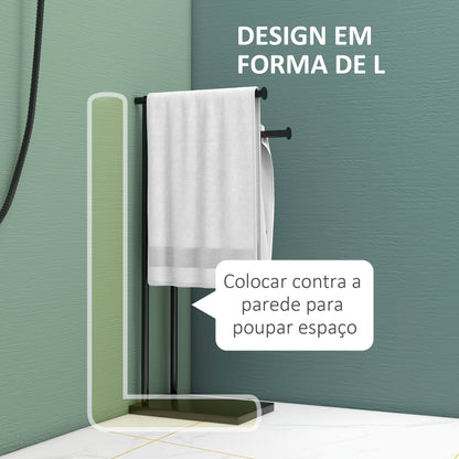 Toalheiro de Pé de 2 Níveis Toalheiro Casa de Banho com 2 Barras e Estrutura de Metal Toalheiro Moderno em Forma de L 35,5x20x78 cm Preto