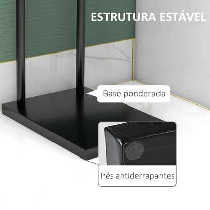 Toalheiro de Pé de 2 Níveis Toalheiro Casa de Banho com 2 Barras e Estrutura de Metal Toalheiro Moderno em Forma de L 35,5x20x78 cm Preto