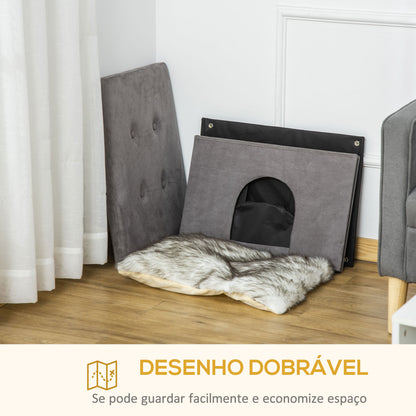 PawHut Caverna para Gatos 2 em 1 Banco para Apoio dos Pés com Tampa Removível Orifício de Entrada Almofada Lavável e Pés Elevados de Madeira para Interior 60x45x44,5cm Cinza