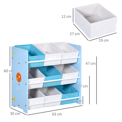 ZONEKIZ Estante para Brinquedos com 9 Caixas de Tecido não Tecido Amovíveis Organizador de Brinquedos para Dormitório Escola Infantil 63x30x60 cm Azul