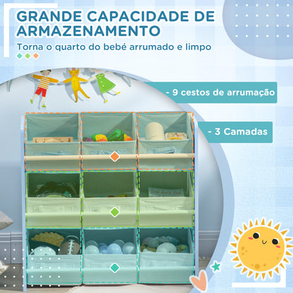 ZONEKIZ Estante para Brinquedos com 9 Caixas de Tecido não Tecido Amovíveis Organizador de Brinquedos para Dormitório Escola Infantil 63x30x60 cm Azul