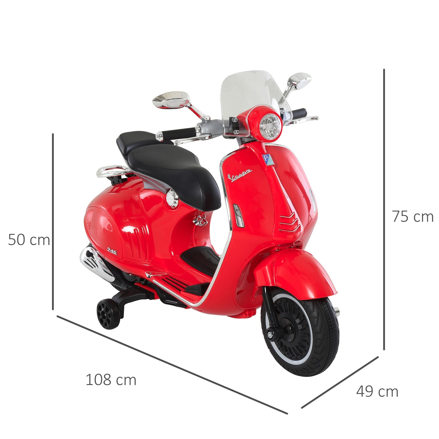 HOMCOM Mota Elétrica Vespa com Faróis Música 2 Rodas Auxiliares para Crianças acima de 3 Anos Mota Elétrica Infantil 108x49x75 cm Vermelha