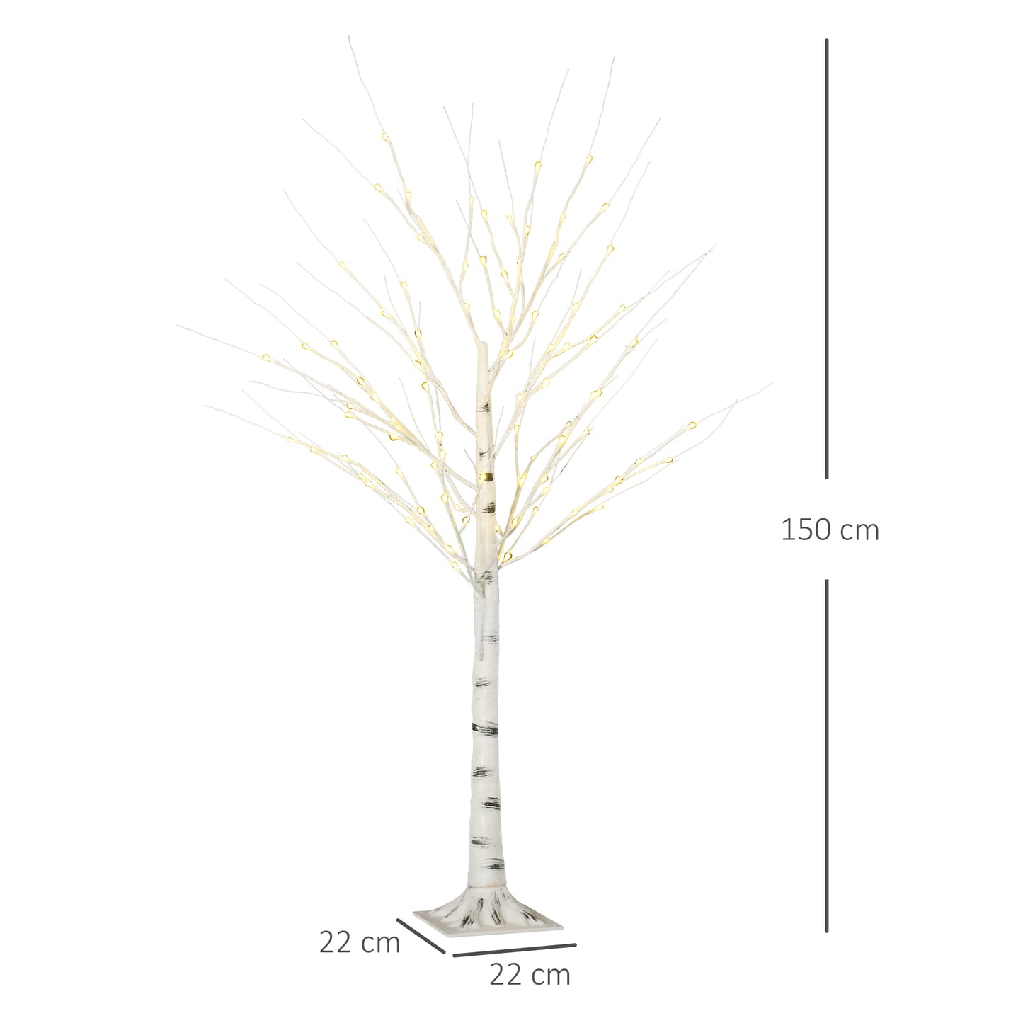 HOMCOM Árvore de Bétula Altura 150cm com 96 Luzes LED IP44 Branco Quente Ramos Flexíveis e Base de Candeeiro Árvore de Decoração de Natal para Interiores 22x22x150cm Branco