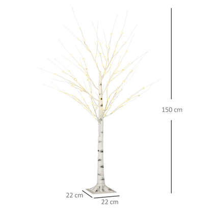 HOMCOM Árvore de Bétula Altura 150cm com 96 Luzes LED IP44 Branco Quente Ramos Flexíveis e Base de Candeeiro Árvore de Decoração de Natal para Interiores 22x22x150cm Branco