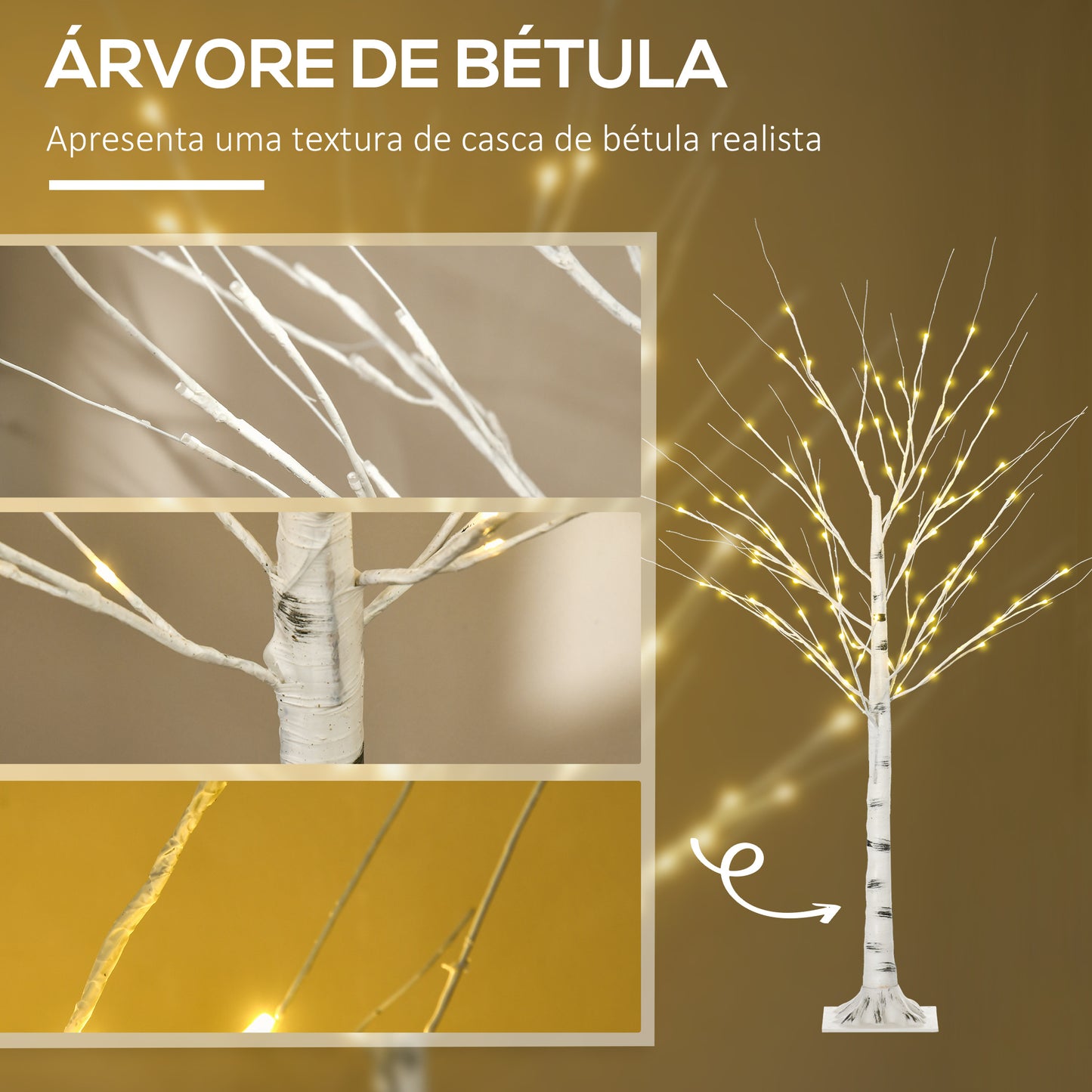 HOMCOM Árvore de Bétula Altura 150cm com 96 Luzes LED IP44 Branco Quente Ramos Flexíveis e Base de Candeeiro Árvore de Decoração de Natal para Interiores 22x22x150cm Branco