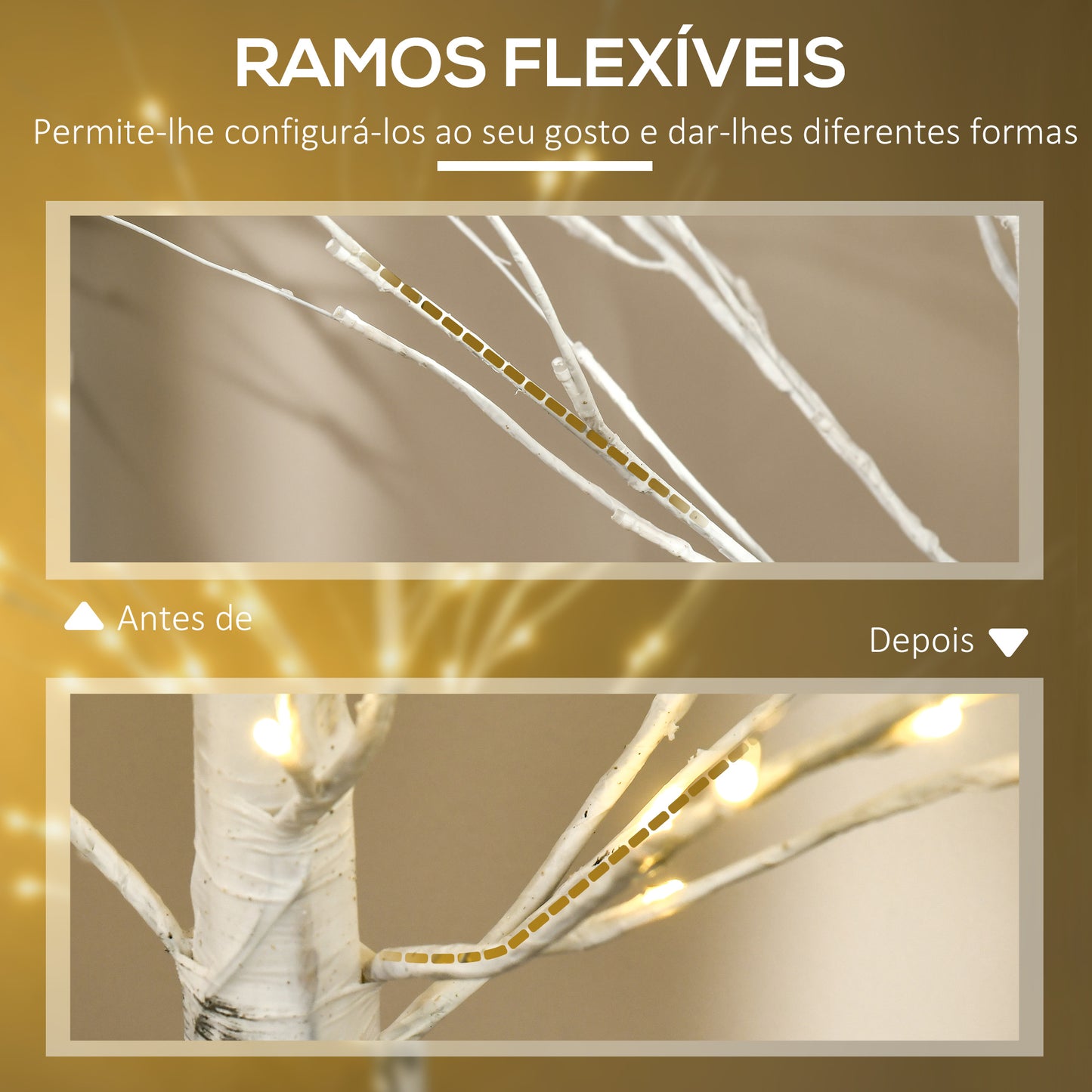 HOMCOM Árvore de Bétula Altura 150cm com 96 Luzes LED IP44 Branco Quente Ramos Flexíveis e Base de Candeeiro Árvore de Decoração de Natal para Interiores 22x22x150cm Branco