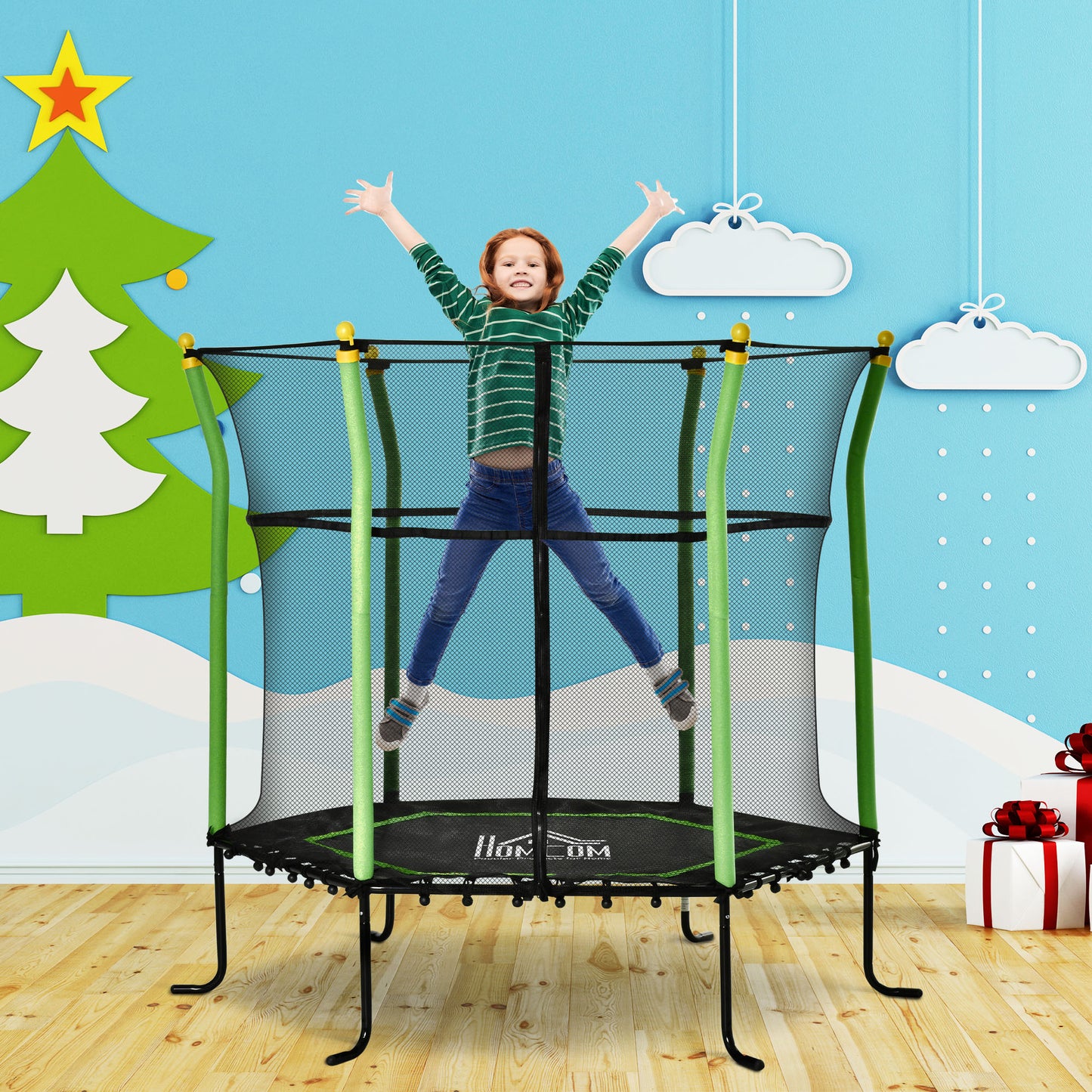 HOMCOM Trampolim para Crianças acima de 3 Anos Cama Elástica Infantil com Superfície de Salto Ø120 cm Rede de Segurança e Estrutura de Aço para Interiores e Exteriores Carga 50kg Ø160x163,5 cm Verde