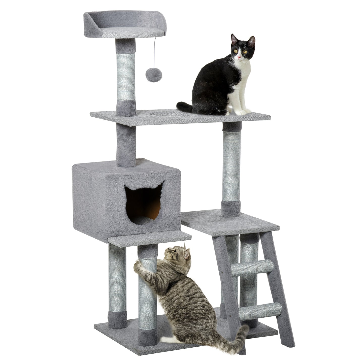 PawHut Árvore Arranhadora para Gatos Torre de Escalada com Plataformas Escada Caverna Postes de Juta e Bola Suspensa 60,5x40x124cm Cinza