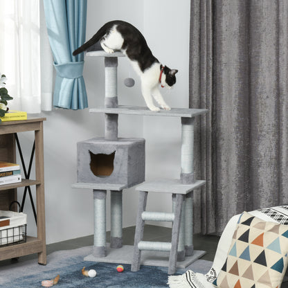 PawHut Árvore Arranhadora para Gatos Torre de Escalada com Plataformas Escada Caverna Postes de Juta e Bola Suspensa 60,5x40x124cm Cinza