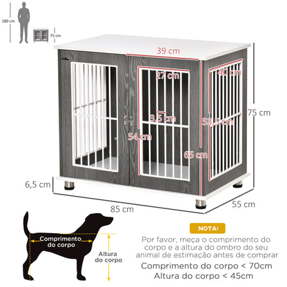 PawHut Gaiola para Cães de Madeira Mesa Auxiliar com Bancada de Armazenamento 2 Portas com Fechadura e Grades de Aço Gaiola para Cães de Interior 85x55x75cm Cinza