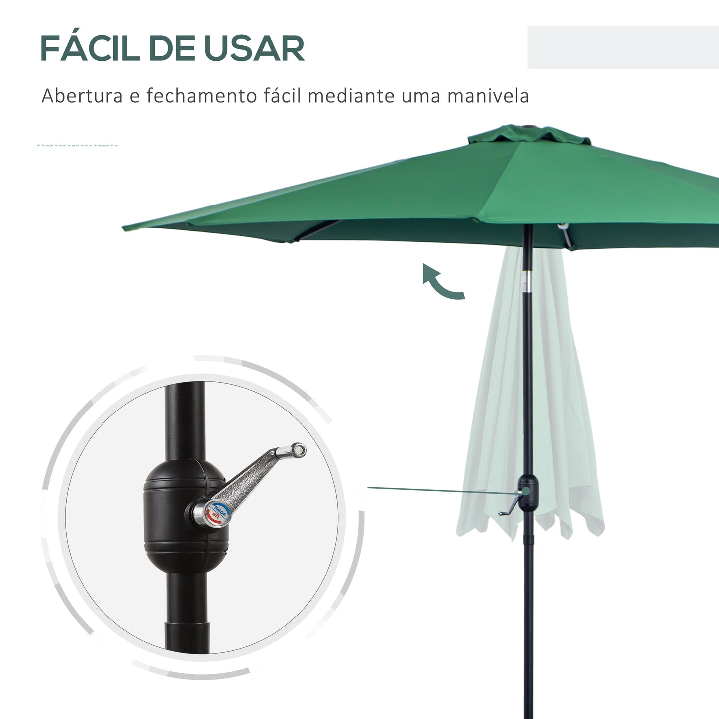 Outsunny Chapéu de Sol de Jardim Ø295x250cm com Manivela Chapéu de Sol Exterior com Mecanismo de Inclinação e Mastro Desmontável de Metal para Terraço Piscina Pátio Verde