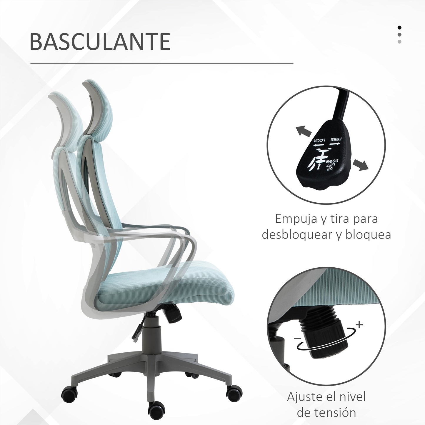 Vinsetto Cadeira de escritório ergonômica Cadeira de mesa inclinável ajustável em altura com encosto de braço Encosto de cabeça 5 rodas Suporta até 120 kg 64x58x116-126 cm Azul