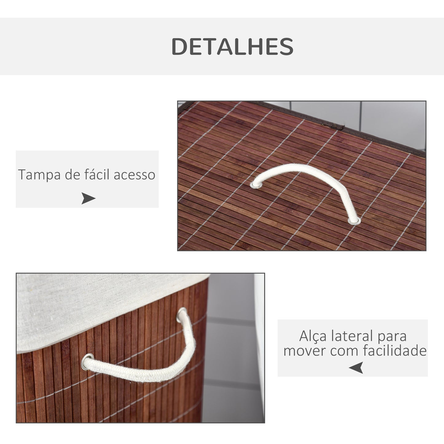 Cesto para Roupa Suja de Bambú Capacidade de 100L Cesta para Roupa Suja Retangular com Tampa Removível Bolsa com 2 Compartimentos 52x32x63cm Marrom