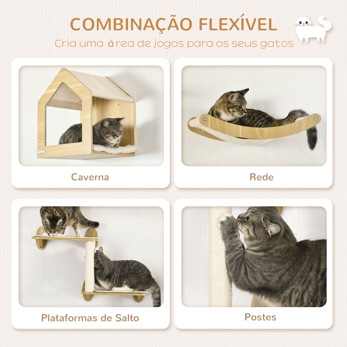 PawHut Prateleiras de Parede para Gatos 3 Peças Conjunto de Prateleiras de Escalada para Gatos com Caverna Rede Plataforma e Poste de Sisal Carvalho