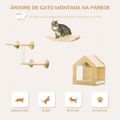 PawHut Prateleiras de Parede para Gatos 3 Peças Conjunto de Prateleiras de Escalada para Gatos com Caverna Rede Plataforma e Poste de Sisal Carvalho