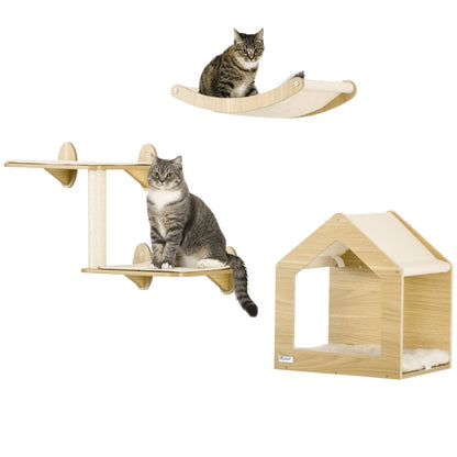 PawHut Prateleiras de Parede para Gatos 3 Peças Conjunto de Prateleiras de Escalada para Gatos com Caverna Rede Plataforma e Poste de Sisal Carvalho