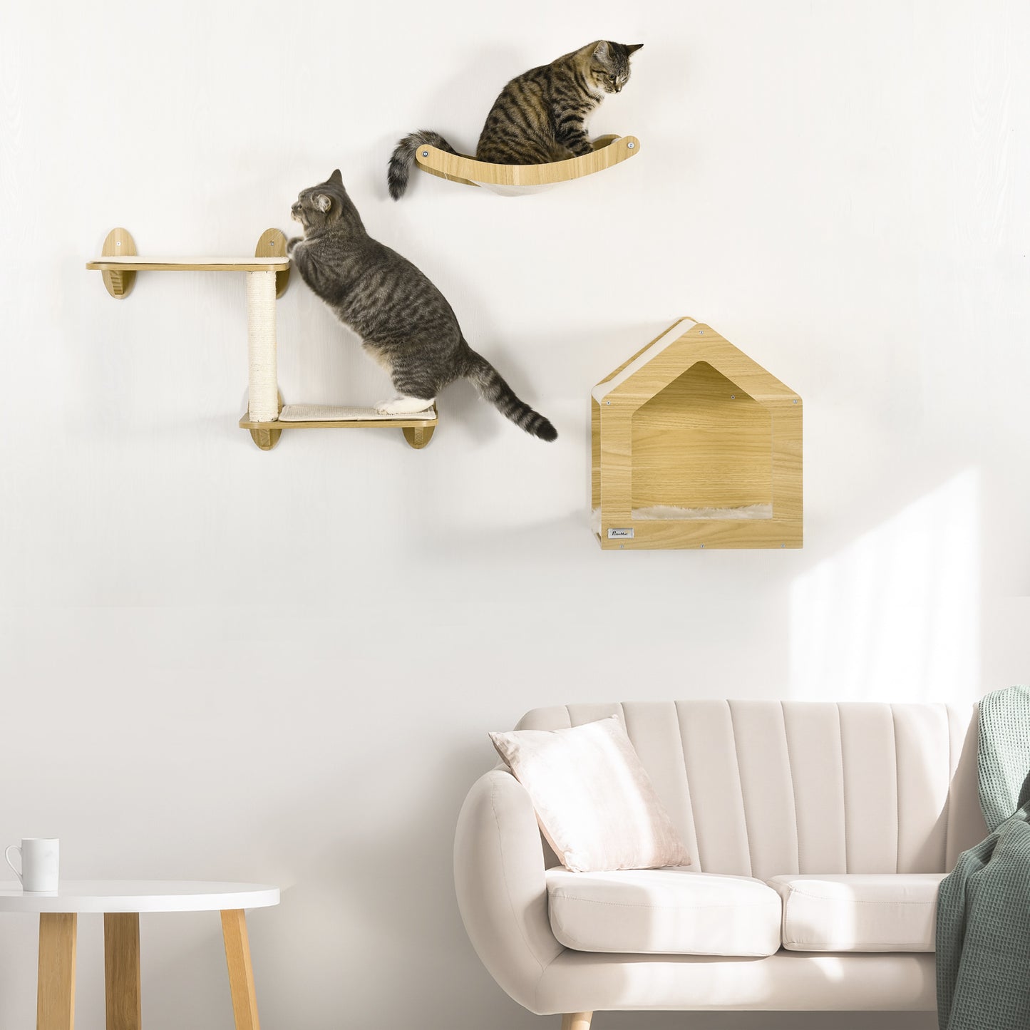 PawHut Prateleiras de Parede para Gatos 3 Peças Conjunto de Prateleiras de Escalada para Gatos com Caverna Rede Plataforma e Poste de Sisal Carvalho