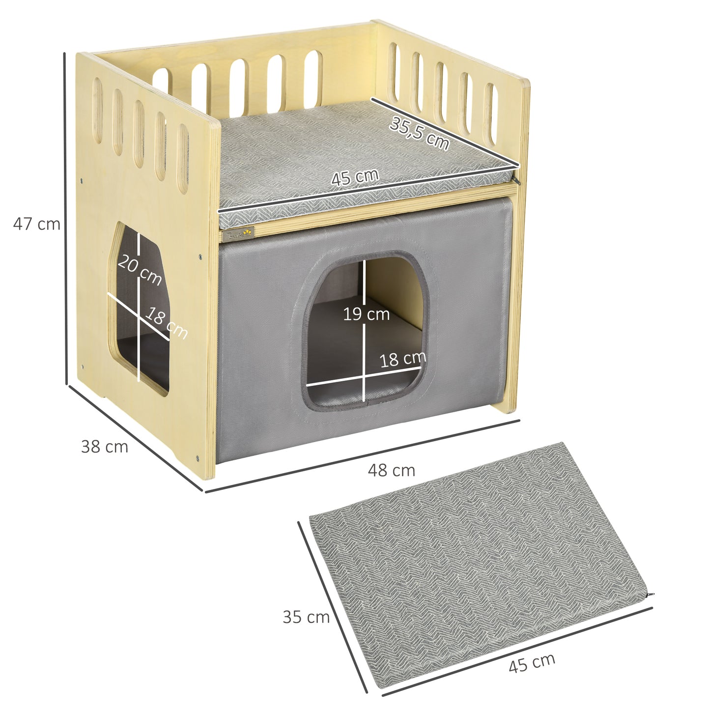 PawHut Casa para Gatos de Madeira Cama para Gatos com 2 Almofadas e Cobertura de Tecido Oxford Amovível 48x38x47cm Madeira e Cinza