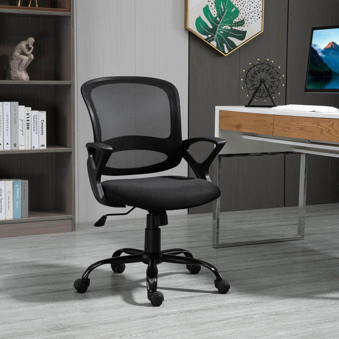 Vinsetto Cadeira de Oficina Ergonômica Cadeira de Escritório Basculante com Altura Ajustável Assento Giratório 360° Suporte e Lombar Malha Transpirável 61x61x89-99cm Preto