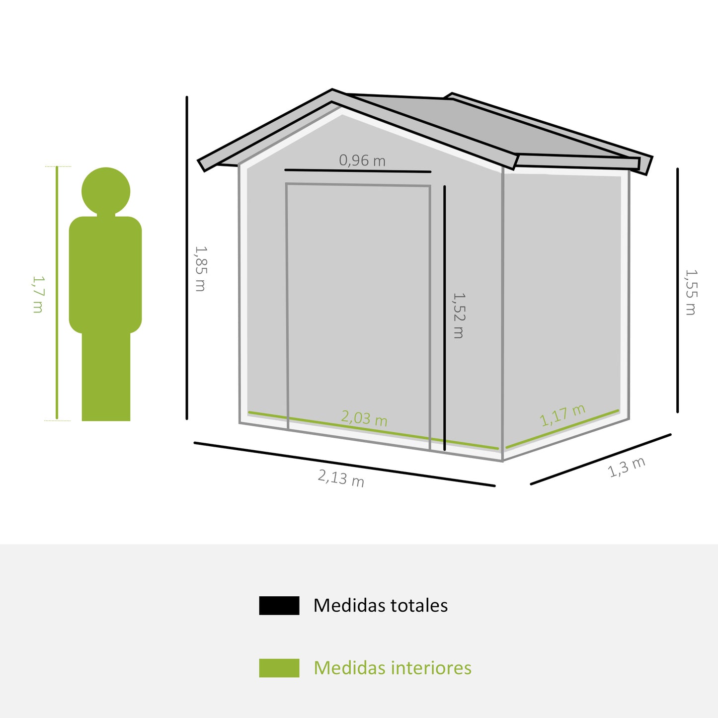 Outsunny Abrigo de Jardim 213x130x185cm Abrigo de Jardim Metálico de Exterior para Armazenamento de Ferramentas com 2 Portas Deslizantes e 4 Janelas para Terraço Verde