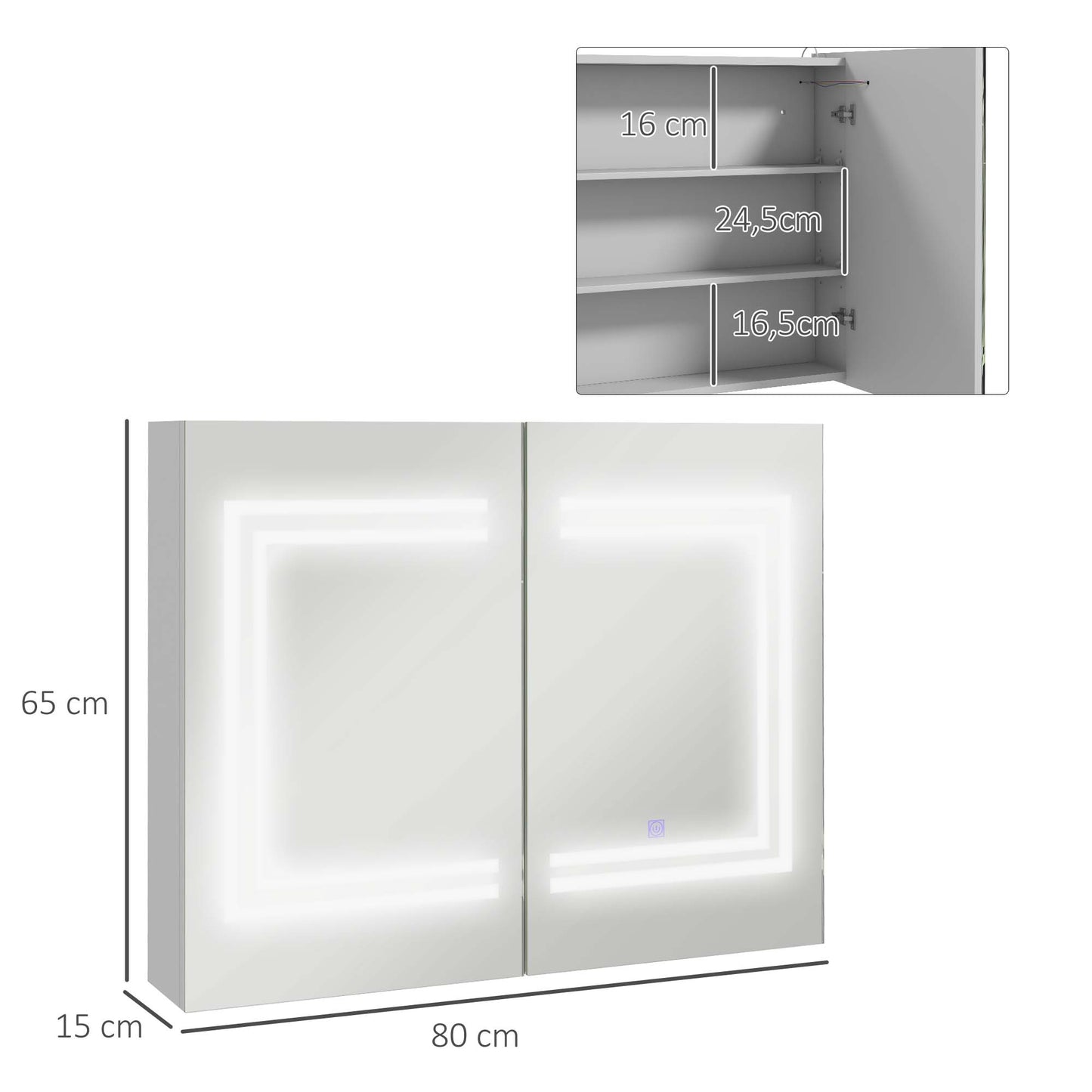 kleankin Armário Casa de Banho com Espelho e Luz LED Móvel Casa de Banho de Parede com 2 Portas Prateleiras Ajustáveis Interruptor Tátil e Cor da Luz Ajustável 80x15x65 cm Branco Brilhante