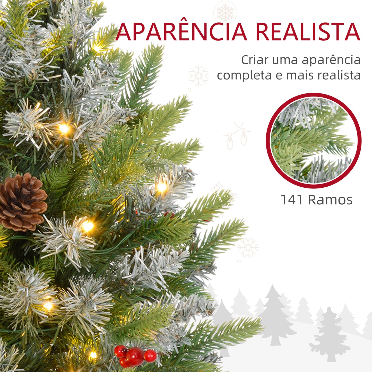 HOMCOM Árvore de Natal 60 cm Árvore de Natal Artificial de Mesa com 20 Luzes LED 141 Ramos 5 Pinhas 5 Bagas Vermelhas e Suporte de Metal Árvore Natalícia para Interior Verde