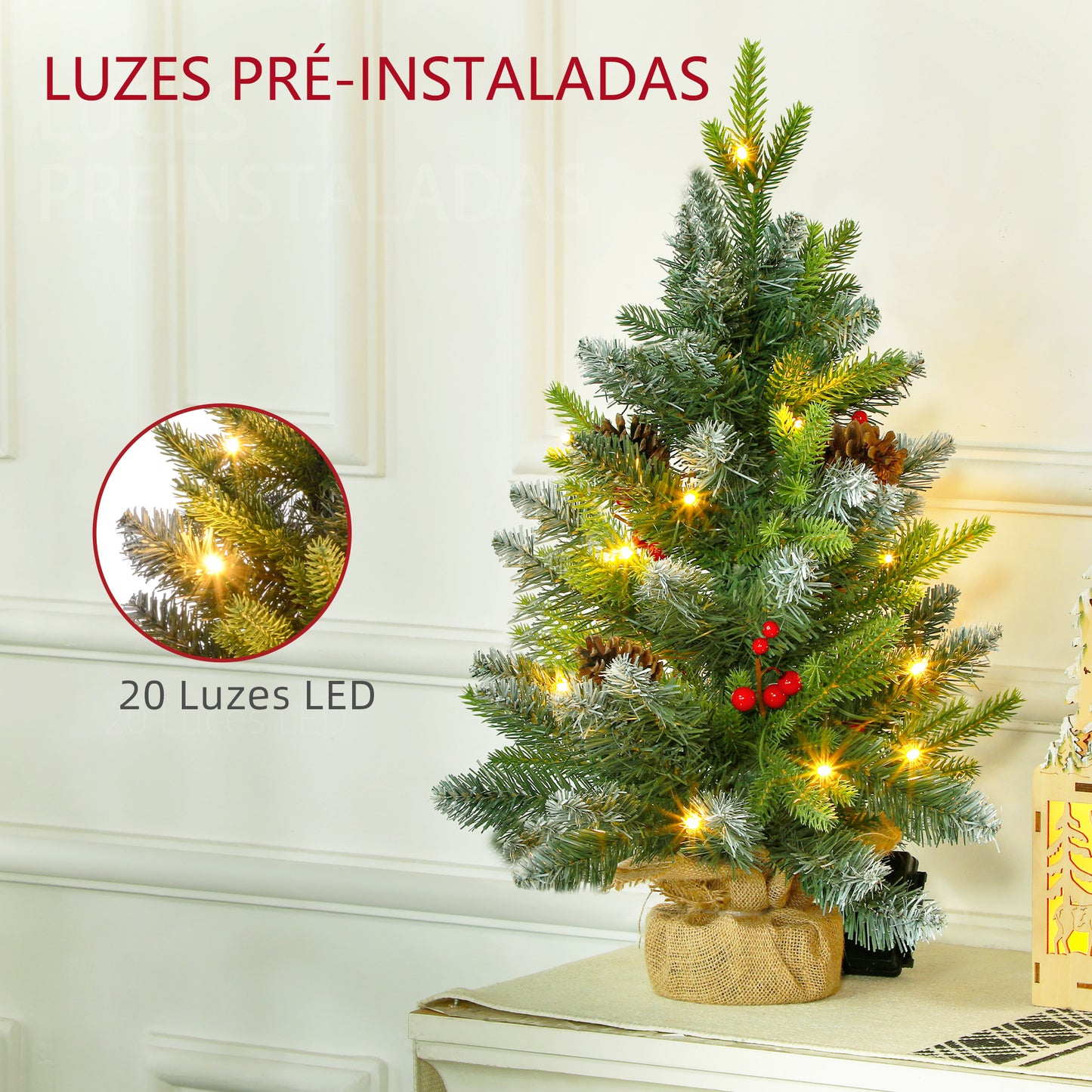 HOMCOM Árvore de Natal 60 cm Árvore de Natal Artificial de Mesa com 20 Luzes LED 141 Ramos 5 Pinhas 5 Bagas Vermelhas e Suporte de Metal Árvore Natalícia para Interior Verde