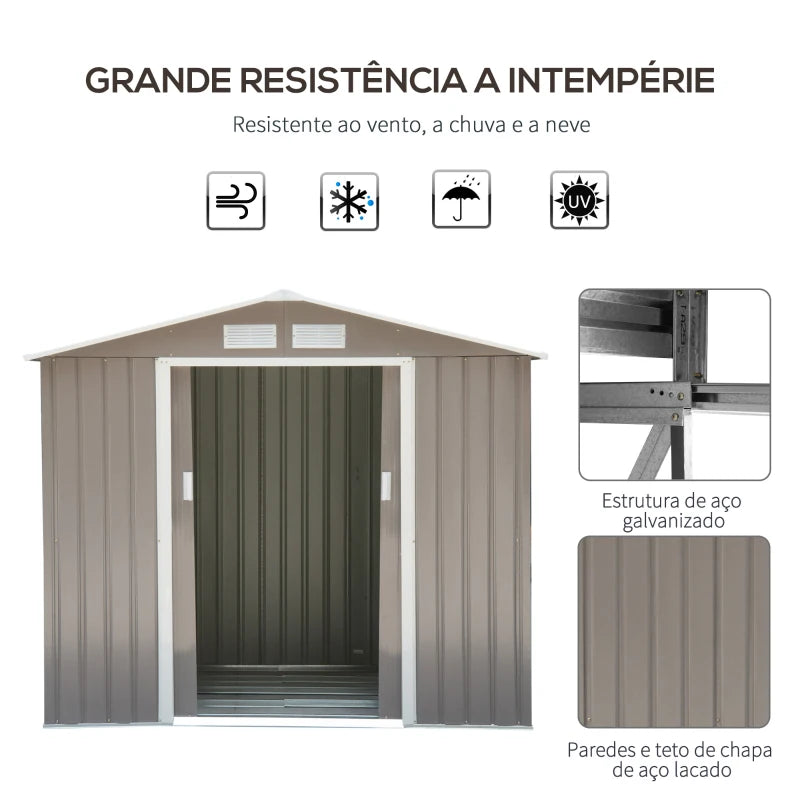 Abrigo de Jardim 213x130x185cm Abrigo de Jardim Metálico de Exterior para Armazenamento de Ferramentas com 2 Portas Deslizantes e 4 Janelas para Terraço Cinza Claro