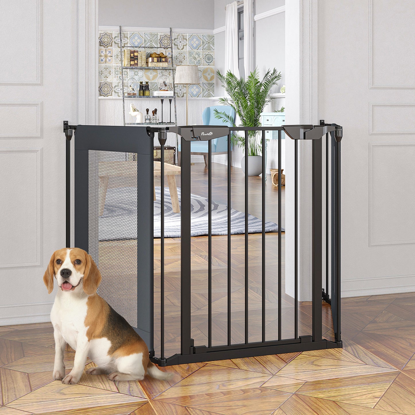 PawHut Barreira de Segurança para Cães Dobrável de 3 Peças 203x74cm Barreira de Segurança para Escadas e Portas com Sistema de Fechamento Automático e 2 Painéis de Tecido Oxford Preto