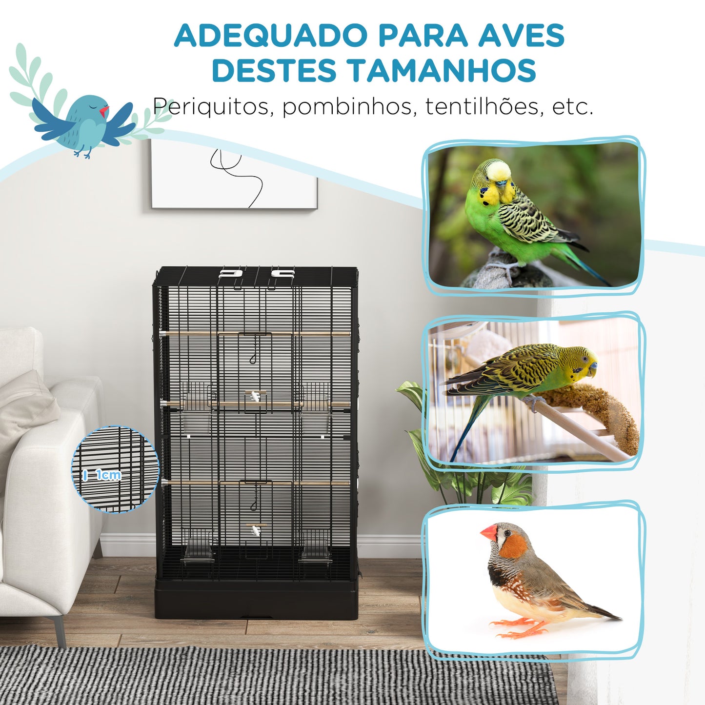 PawHut Gaiola para Pássaros 61x36,5x98 cm Gaiola para Aves com Portas Poleiros Bandeja Removível Caixas de Comida e Alças para Canários Periquitos Preto