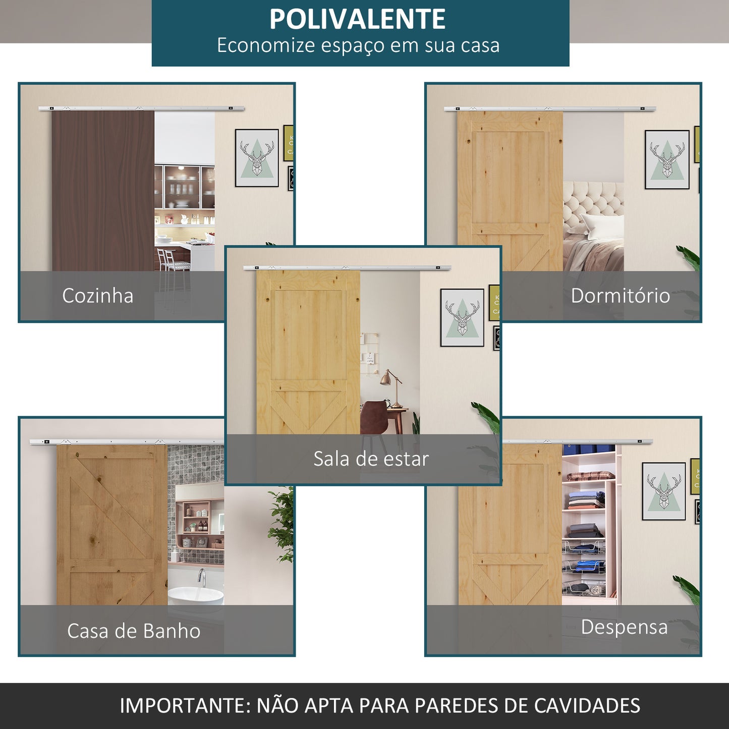 HOMCOM Ferragem para Porta Corredeira 186cm Kit de Acessórios para Porta Corredeira de Madeira com Trilho de Metal e 2 Roldanas Prata