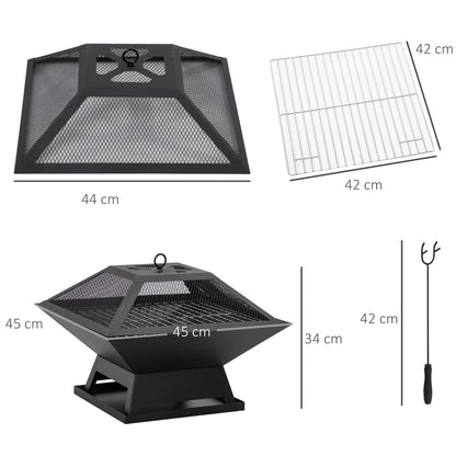 Outsunny Braseiro Exterior de Aço Braseiro para Jardim Multifuncional com Tampa Protetora e Atiçador para Churrascos Fogueiras para Varanda Campismo 45x45x34 cm Preto