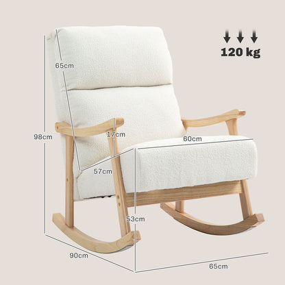 HOMCOM Poltrona Baloiço Moderna Poltrona Baloiço com Pés e Apoio para os Braços de Madeira de Faia Encosto Alto Poltrona de Amamentação Carga 120 kg para Dormitório Sala de Estar 65x90x98 cm Creme