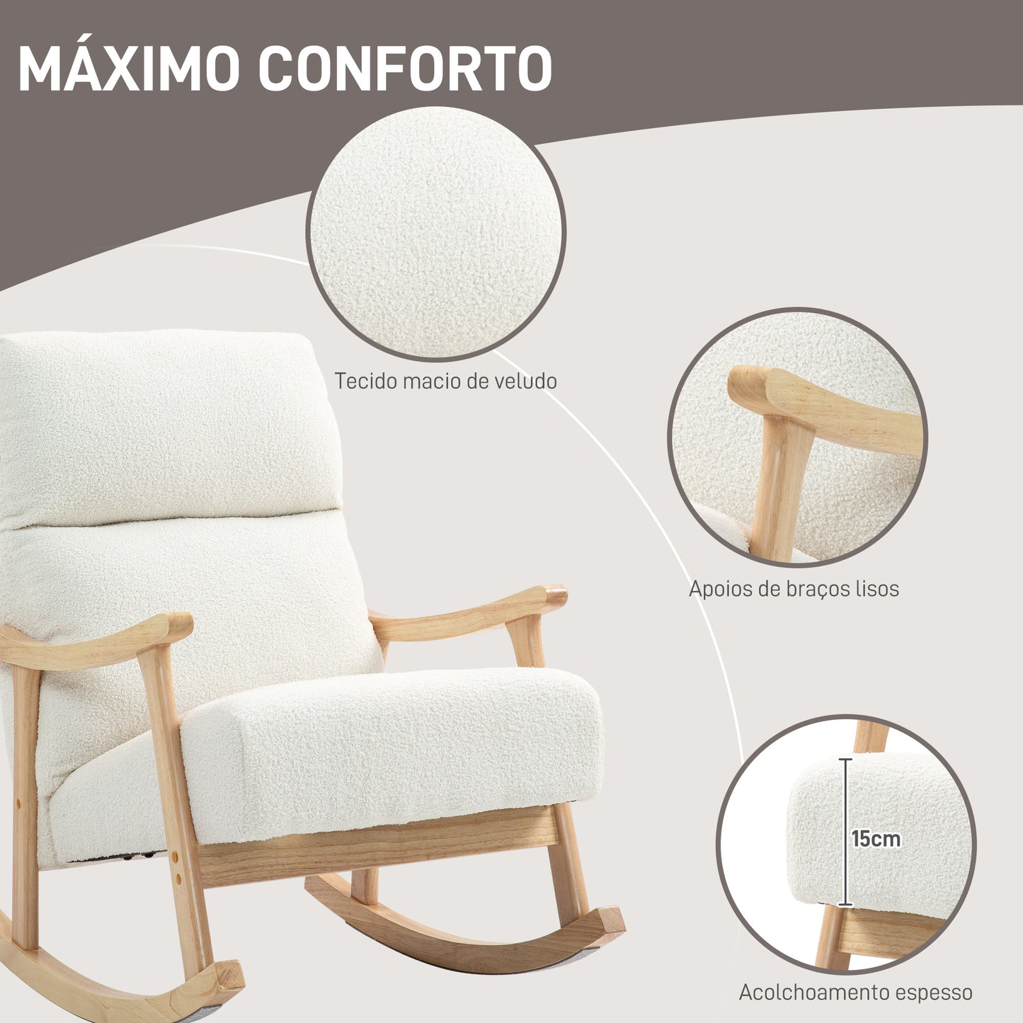 HOMCOM Poltrona Baloiço Moderna Poltrona Baloiço com Pés e Apoio para os Braços de Madeira de Faia Encosto Alto Poltrona de Amamentação Carga 120 kg para Dormitório Sala de Estar 65x90x98 cm Creme