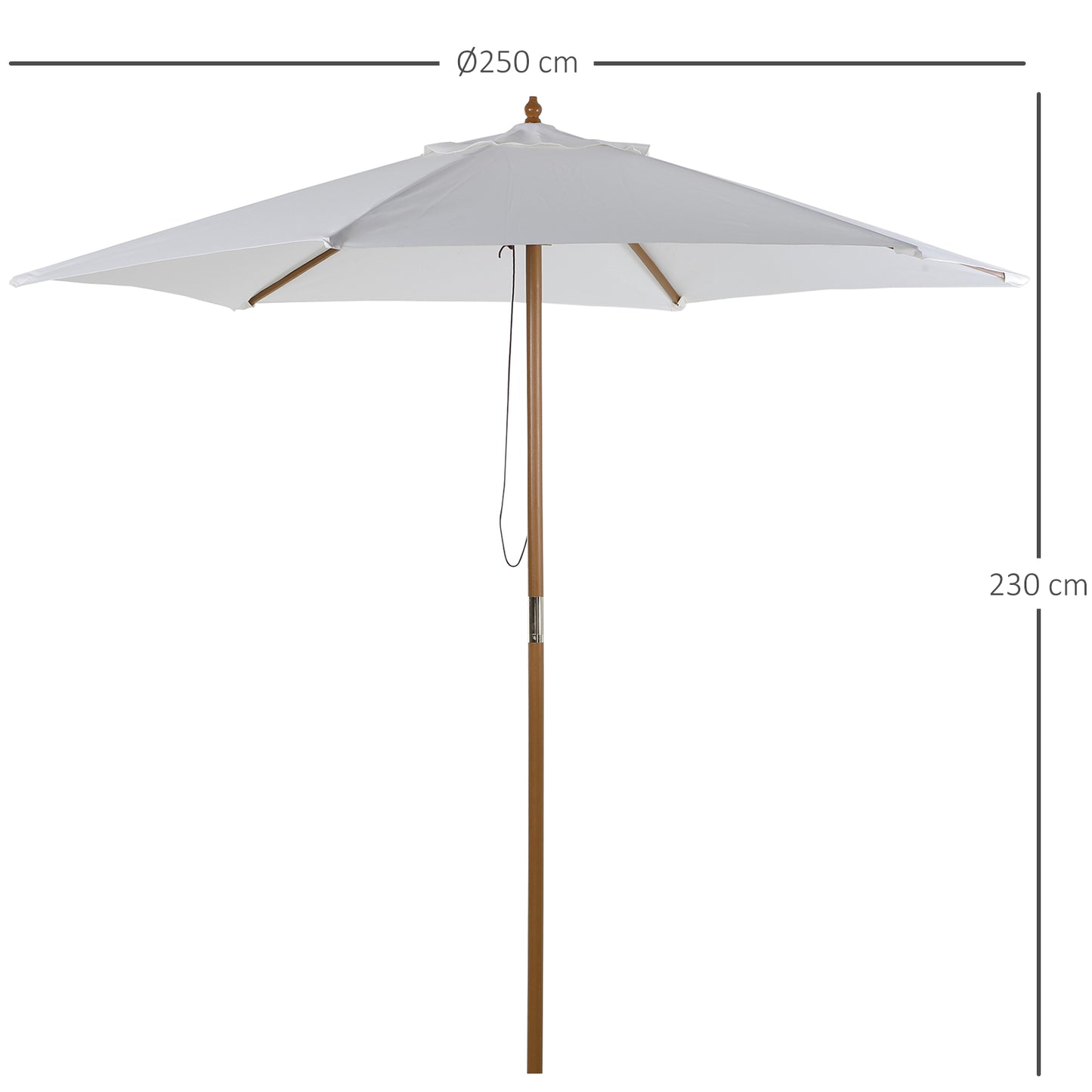 Outsunny Chapéu de Sol Ø250x230cm Chapéu de Sol com Mastro de Madeira com 6 Hastes Sistema de Polia com Fixação para Jardim Pátio Terraço Branco Marfim