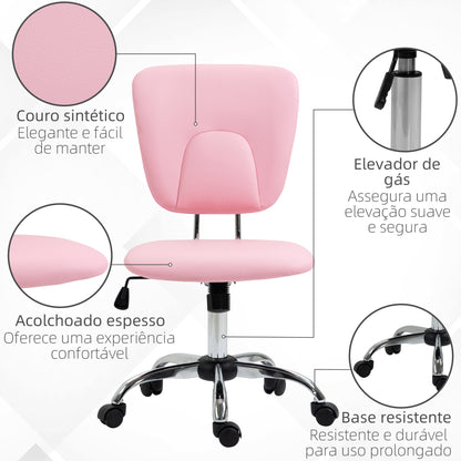 Vinsetto Cadeira de Escritório Cadeira de Escritório Giratória de Couro PU com Altura Ajustável e Função Basculante para Estúdio Dormitório Carga Máxima 120 kg 50x54x87,5-96,5 cm Rosa