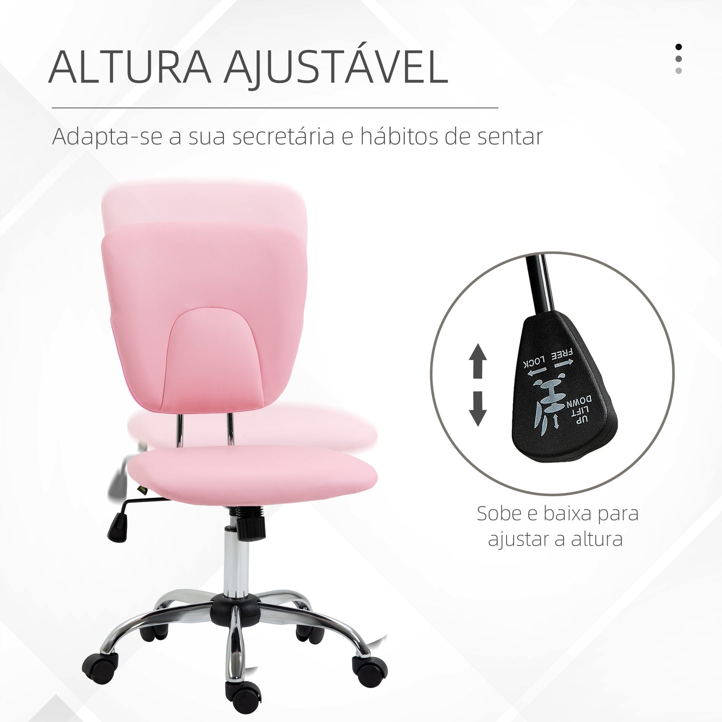 Vinsetto Cadeira de Escritório Cadeira de Escritório Giratória de Couro PU com Altura Ajustável e Função Basculante para Estúdio Dormitório Carga Máxima 120 kg 50x54x87,5-96,5 cm Rosa